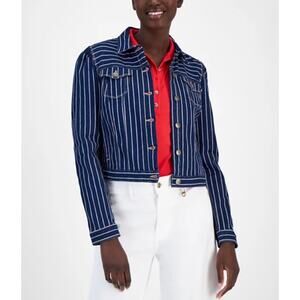 Nautica Jeans Women's Striped Denim Puff-Shoulder Jacket Indigo Size M
